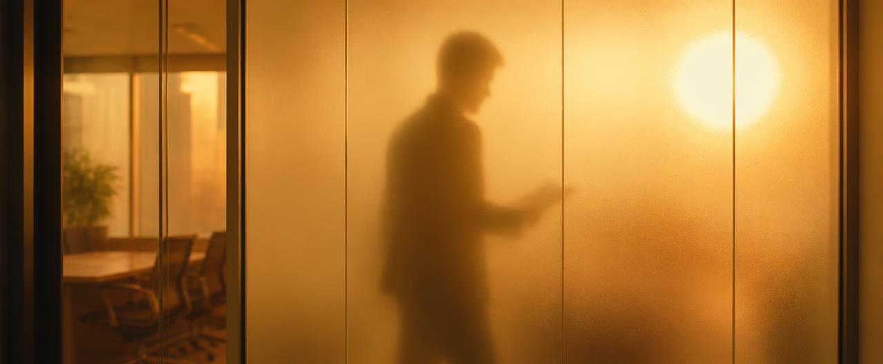 An indistinct silhouette behind frosted office glass