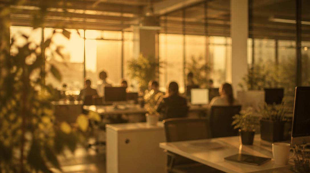 A blurred open-plan office in which individual employees are indistinguishable