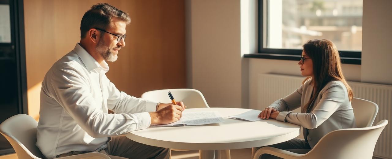 A manager sketching on paper while a colleague listens across a small table