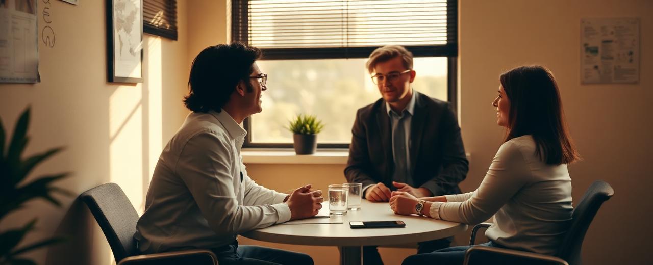 A manager and a team member talking across a table in a quiet office corner