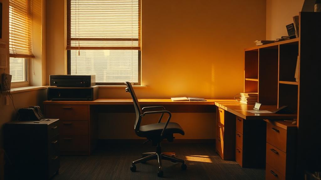 An empty desk with a name plate removed, late afternoon light