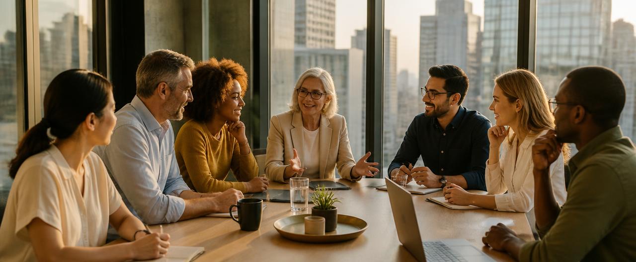 Seven colleagues of varied ages and backgrounds collaborating in a high-rise glass conference room