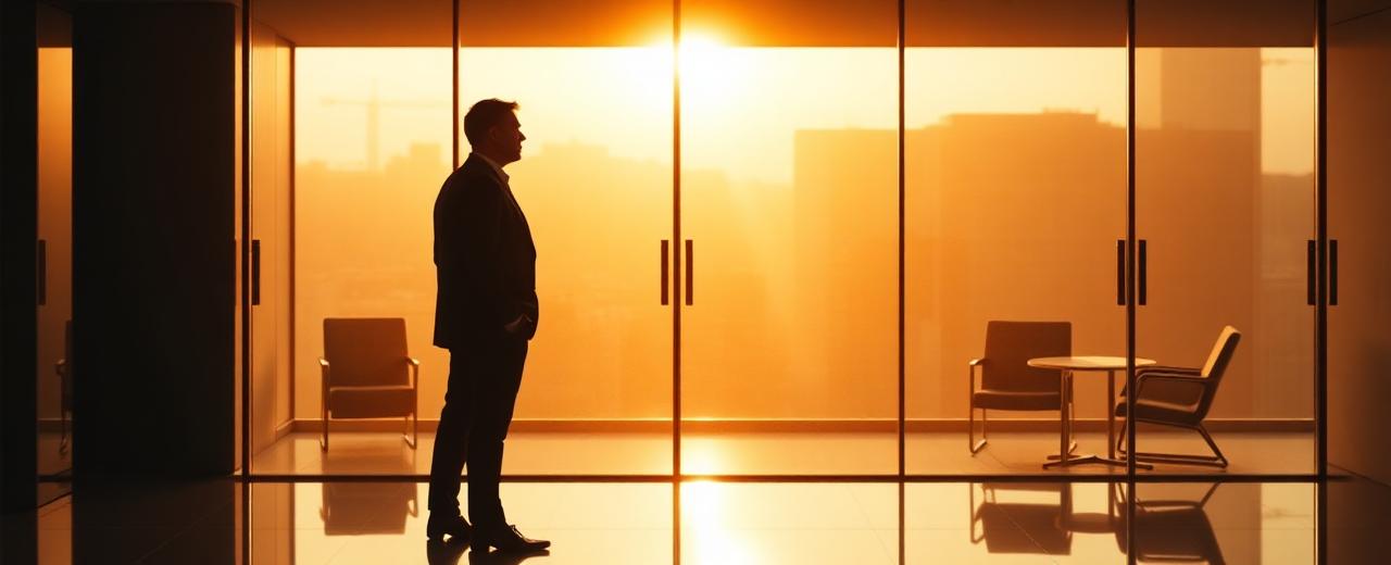 An executive alone in a glass-walled meeting room after a meeting has ended