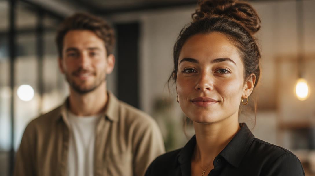 Two colleagues facing the camera, one in sharp focus in front and the second blurred behind