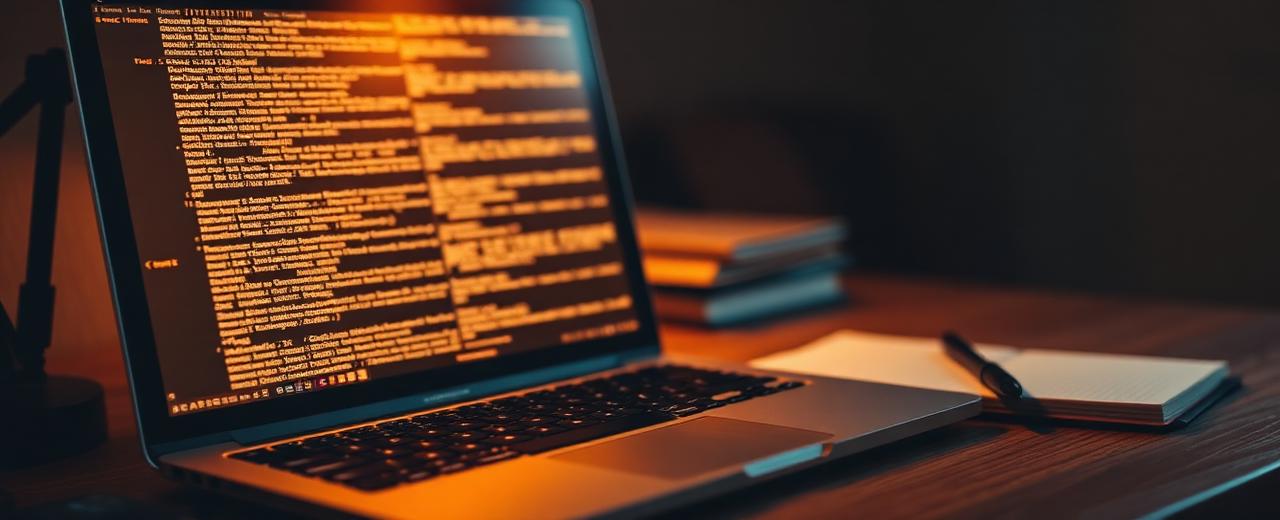 A laptop screen full of unread text beside a notebook on a desk at night