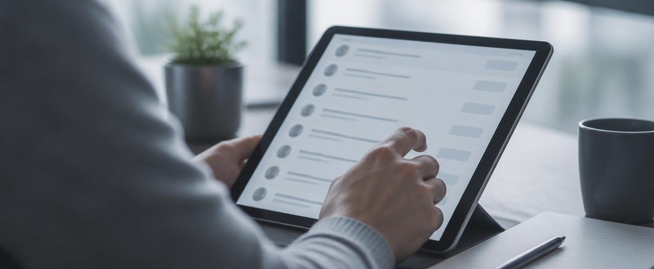 A person scrolling through a list of comments on a tablet at a desk in morning light