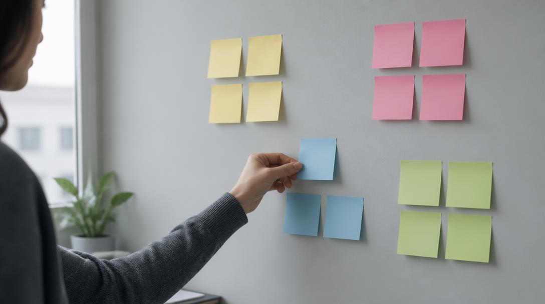 Colored sticky notes on a wall being sorted into clusters by hand