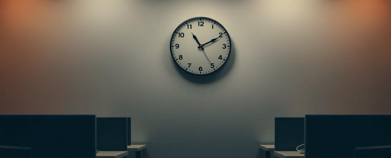 A wall clock above a row of empty desks in an office at dusk