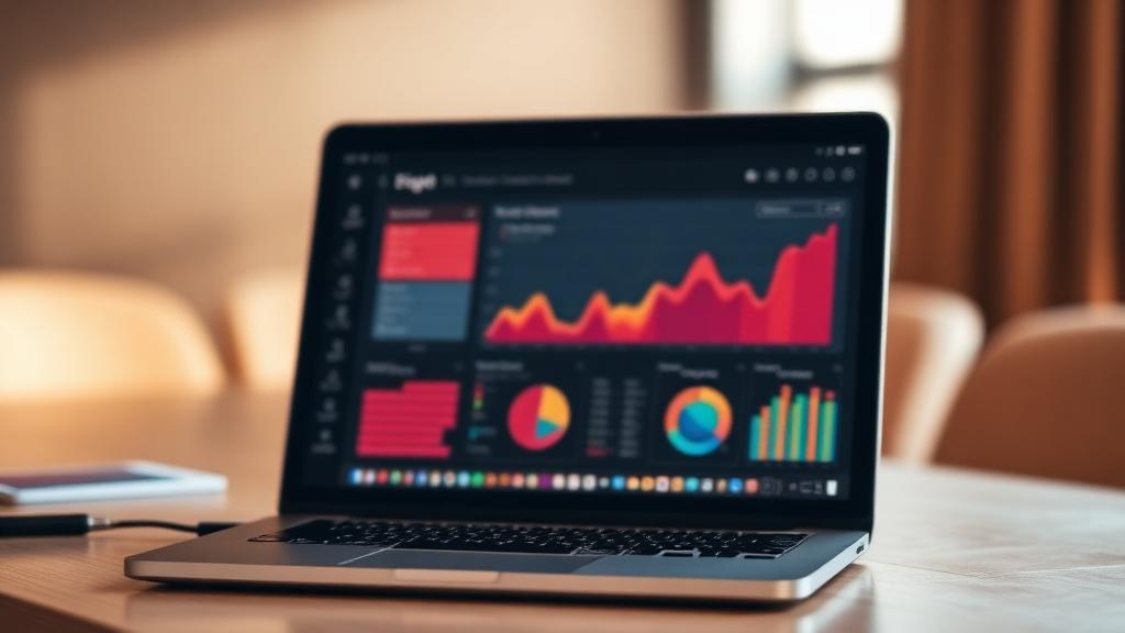 A laptop showing a dashboard on a desk in a bright meeting room