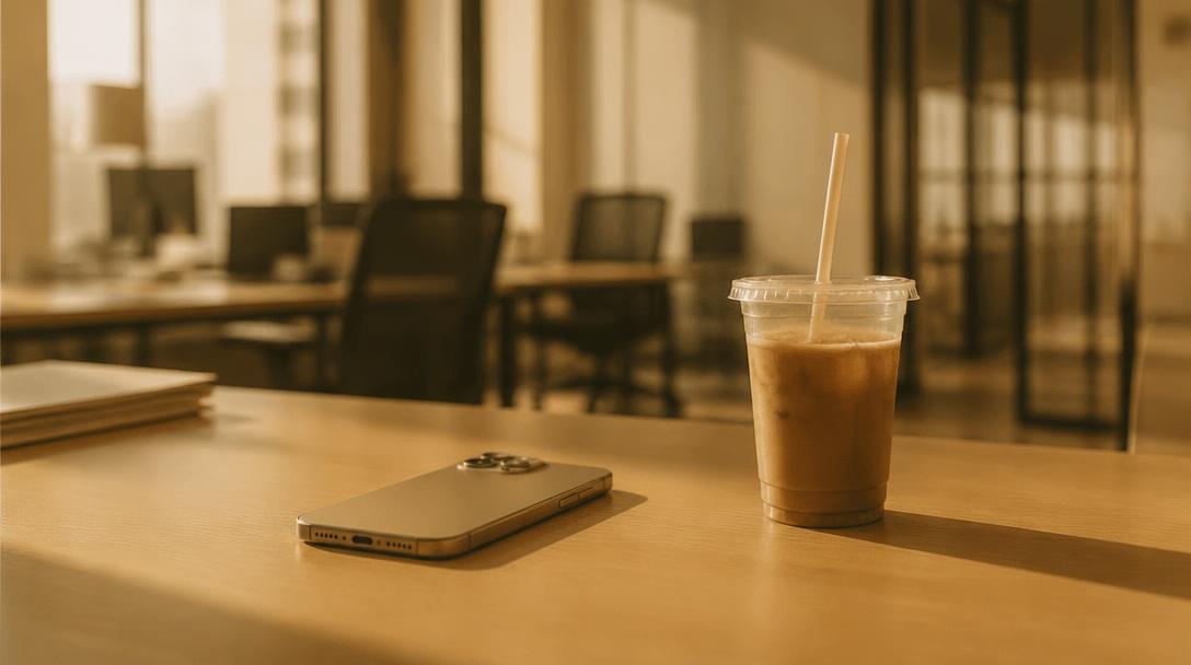 A phone lying face down beside a cold cup of coffee on a desk in an empty office