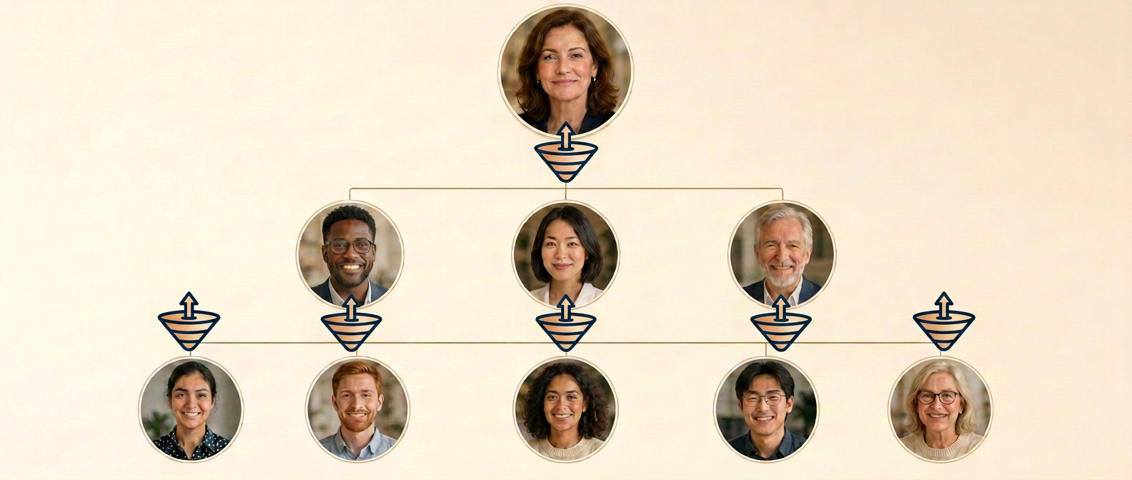A nine-person org chart of portrait photos with funnels narrowing between each level